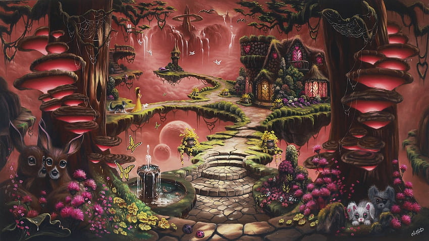 Fairyland, dog, fountain, tower, rabbits, waterfall, flowers, castle, mushrooms HD wallpaper