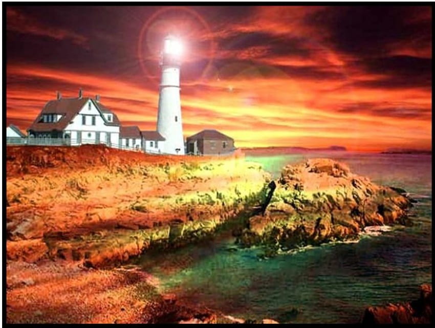 Lighthouse Bay, faro, cielo del atardecer, arte, casa, rocas, océano fondo de pantalla