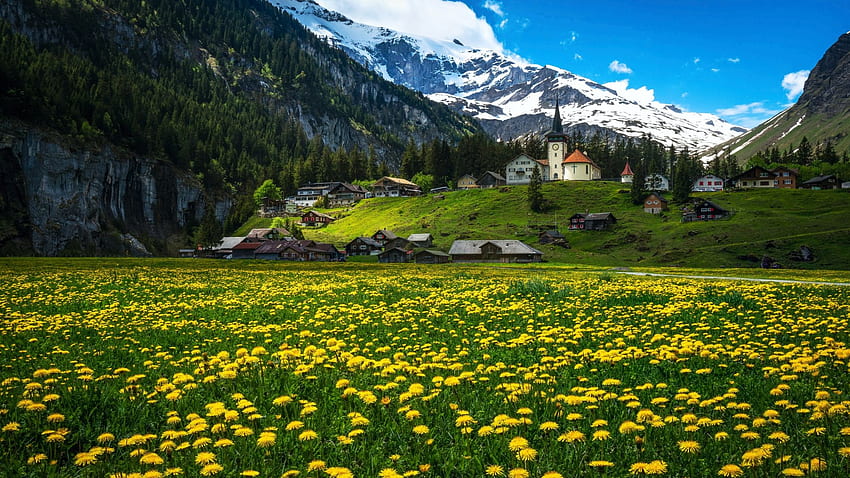 Долината Урнербоден, кантон Ури, Швейцария, село, диви цветя, пейзаж, небе, ливада, църква, Алпи, планини HD тапет
