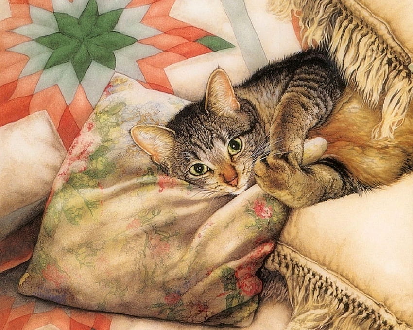 Cat on a Pillow, love four seasons, animals, cats, draw and paint, cute, paintings, pillow HD wallpaper