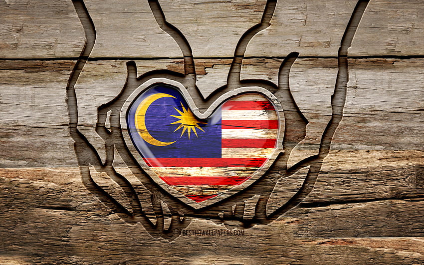 Kocham Malezję, drewniane rzeźbione ręce, Dzień Malezji, Flaga Malezji, Flaga Malezji, Uważaj Malezja, kreatywny, Flaga Malezji, Flaga Malezji w ręku, rzeźbienie w drewnie, Kraje azjatyckie, Malezja Tapeta HD