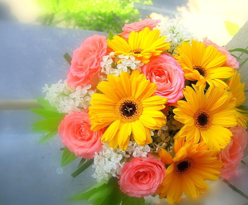 Blumen, Rosen, Flieder, Gerbera, Blumenstrauß, schön, es ist schön HD-Hintergrundbild
