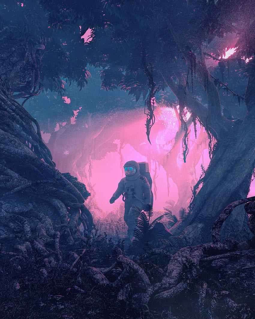General beeple астронавт скафандър 3D дигитално изкуство произведение на изкуството джунгла ходене научна фантастика su. Космически произведения на изкуството, природа iphone, астронавт, сюрреалистично черно HD тапет за телефон