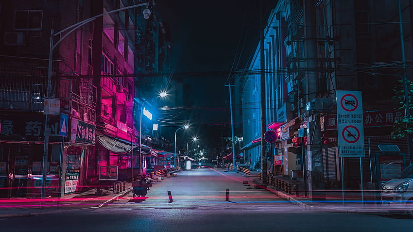 通り、夜の街、ネオン、建物の超ワイド モニターの背景、アニメ ナイト ストリート 高画質の壁紙