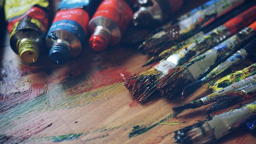 colorful, painting, red, blue, paintbrushes, warm colors, crayon, ART, color, hand, close up, macro graphy, acrylic paint HD wallpaper