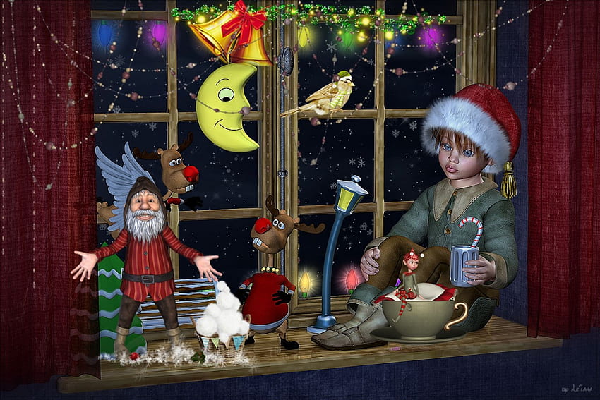 Weihnachtsfenster, Winter, Feiertage, Weihnachten, Elf, Weihnachtsmann HD-Hintergrundbild
