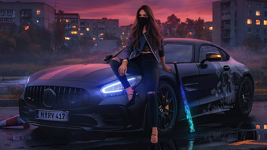 Mädchen und Auto, Benz, Mädchen, Maske, Auto HD-Hintergrundbild