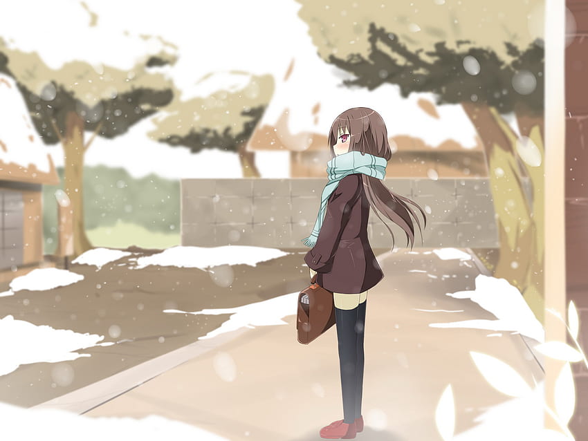 A Snowy Day, anime, muslos, nieve, cielo, bufanda fondo de pantalla