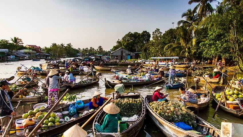 Tra Di pasar terapung, warisan budaya Delta Mekong Vietnam. Waktu Vietnam Wallpaper HD
