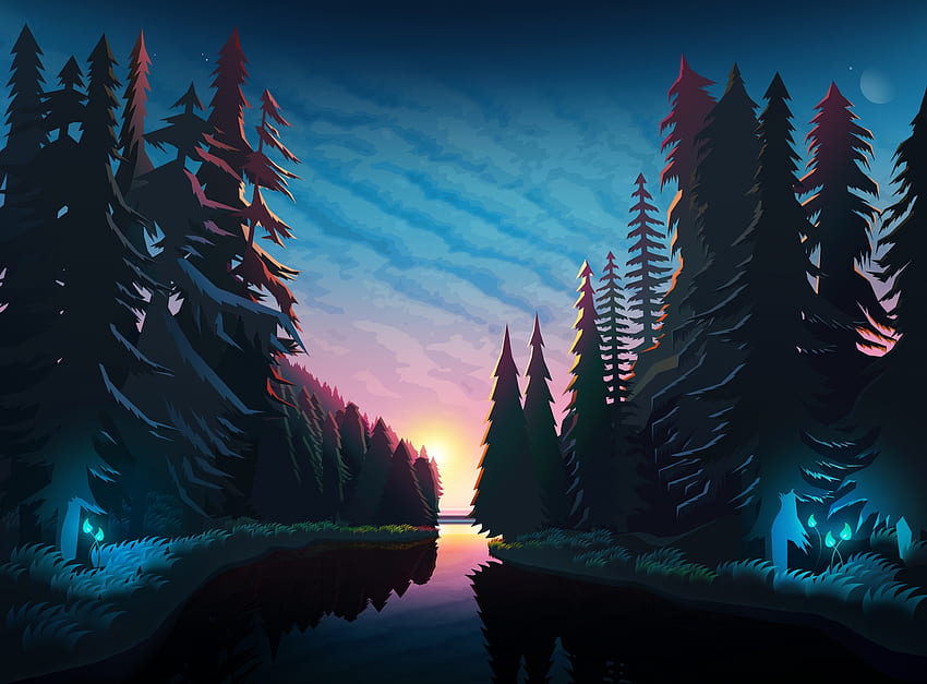 Seni, Pemandangan, Sungai, Matahari Terbenam, Hutan Wallpaper HD