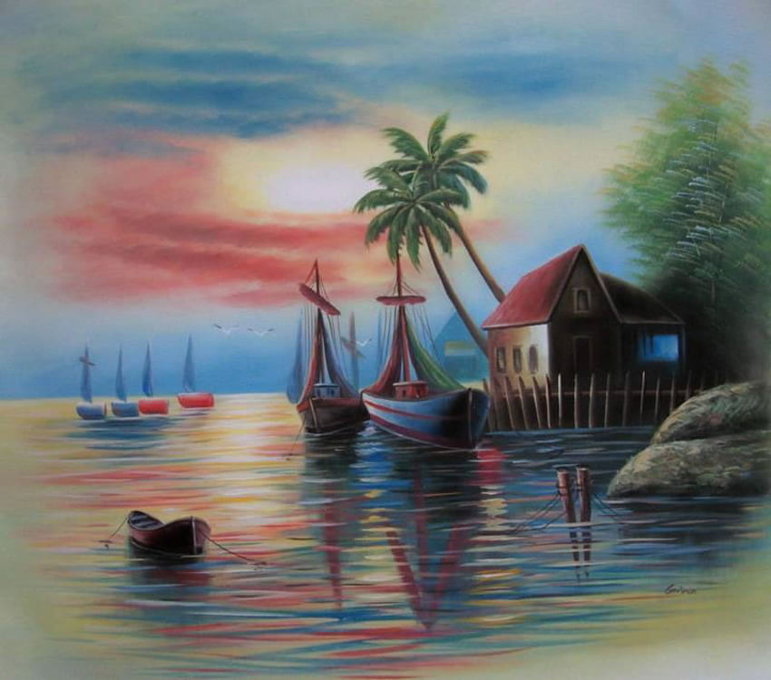 A Piece Of Tropical Paradise, palms, sea, sailboats, serene, sunset HD wallpaper