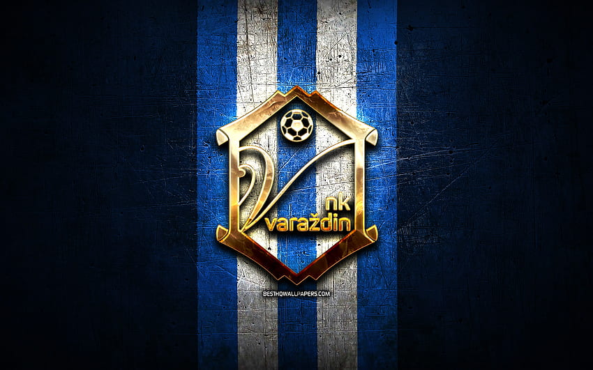 Varazdin FC, ouro logotipo, HNL, metal azul de fundo, futebol, croata clube de futebol, NK Varazdin logotipo, NK Varazdin papel de parede HD