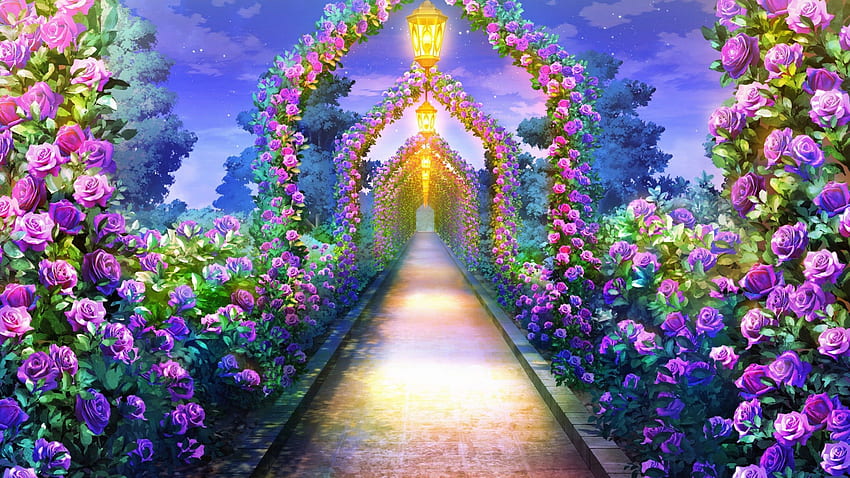 Jalan Mawar, fantasi, cahaya, digital, seni, bunga, taman, bunga Wallpaper HD