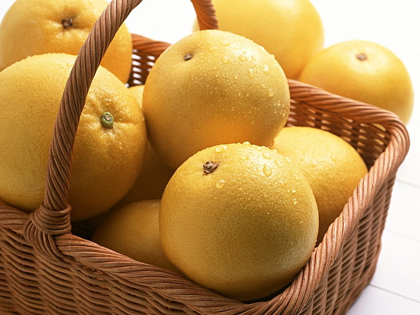 Grapefruits, basket, fruits, yellow HD wallpaper