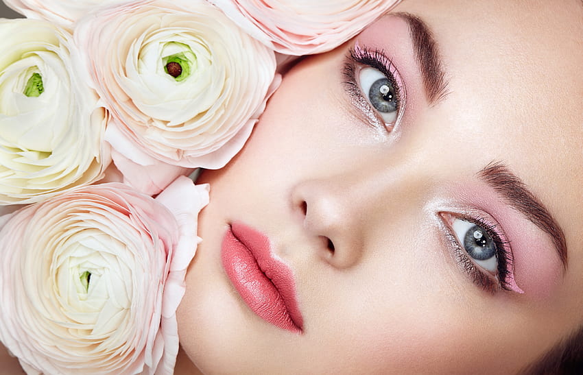 Beauty, white, model, girl, woman, rose, pink, flower, ranunculus, face, oleg gekman HD wallpaper