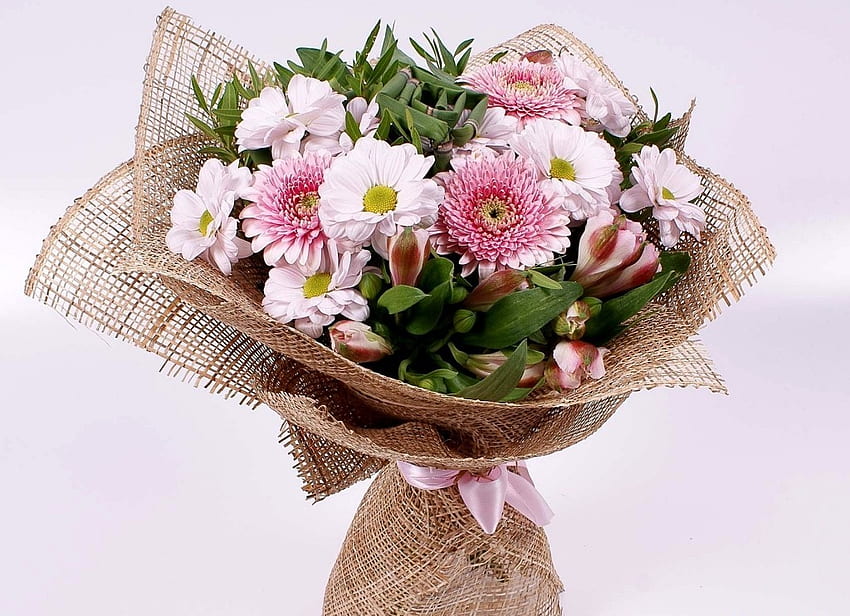 Piękny bukiet, różowy, biały, bukiet, wstążka, kwiaty, piękny, piękny bukiet Tapeta HD