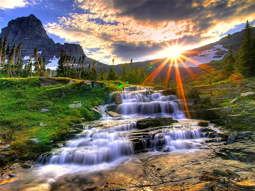 Miracle of sunrise in the mountains, golden, magic, miracle, mountain river, beautiful, stones, scenery, east, clouds, trees, nature, sky, mountains, water, marvel HD wallpaper