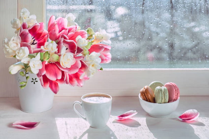 Bunch of spring flowers, Coffee, After rain, Macaroons, Window HD wallpaper
