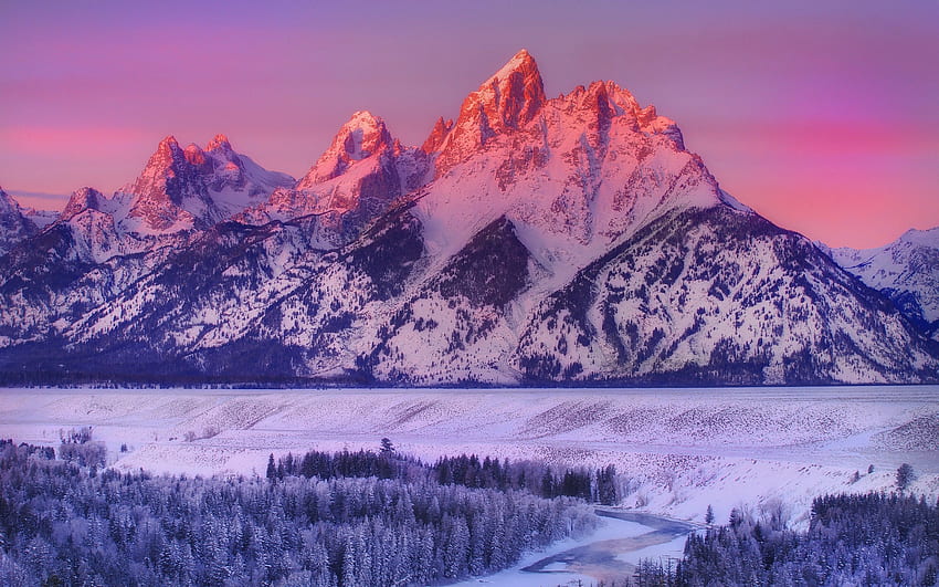 mountains, winter, landscape, snow, sunlight, nature, Grand Teton National Park, snake river overlook, USA, pink, purple. HD wallpaper
