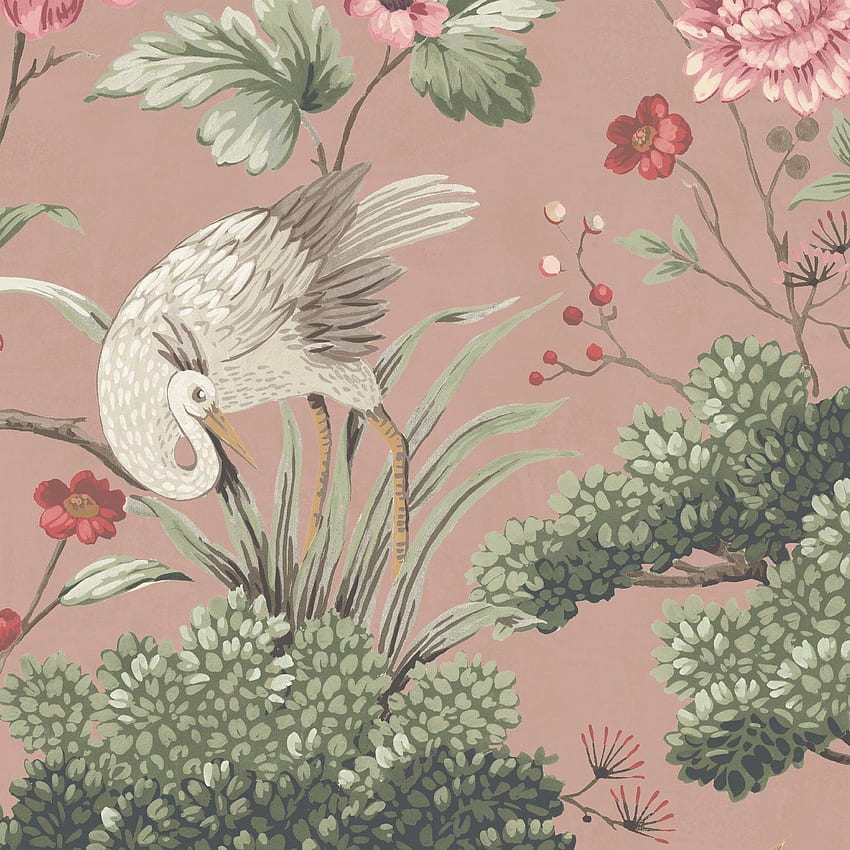 Crane Bird w kolorze Vintage Pink firmy Woodchip & Magnolia. Nadruki ptaków, ptak, czarne kwiaty, ekscentryczny Tapeta na telefon HD