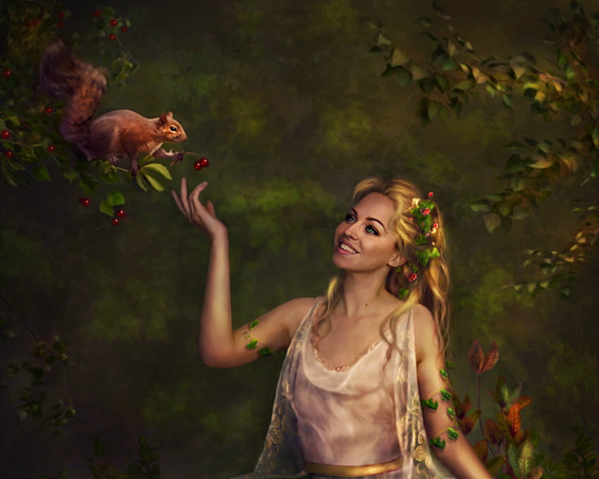Forest fairy, fairy, creative, lotta-lotos, fantasy, girl, luminos, veverita, squirrel HD wallpaper