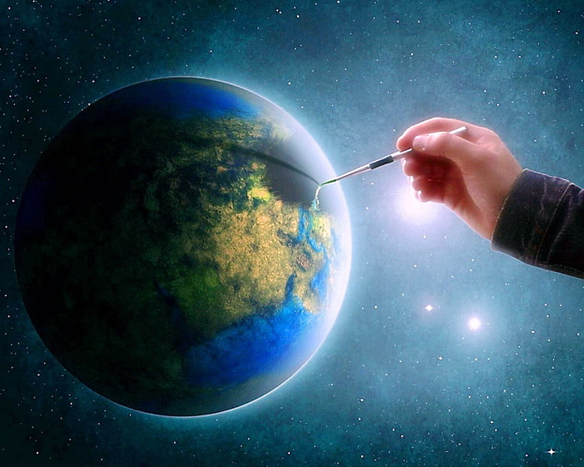 Anda dapat mengubah dunia, biru, bumi, kuas, bola dunia, langit, tangan Wallpaper HD