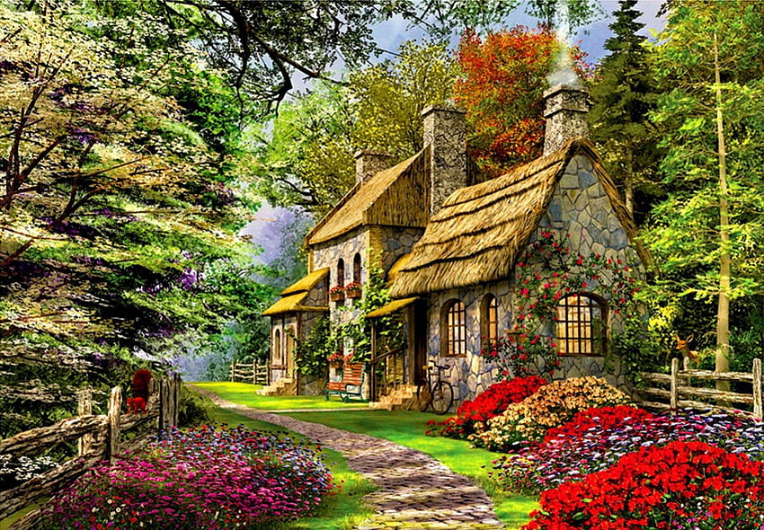 Rustic cottages, peaceful, houses, rustic, serenity, nice, quiet, painting, cottages, trees, greenery, road, calm, slope, path, garden, beautiful, summer, pretty, freshness, cabins, flowers, lovely, countryside HD wallpaper