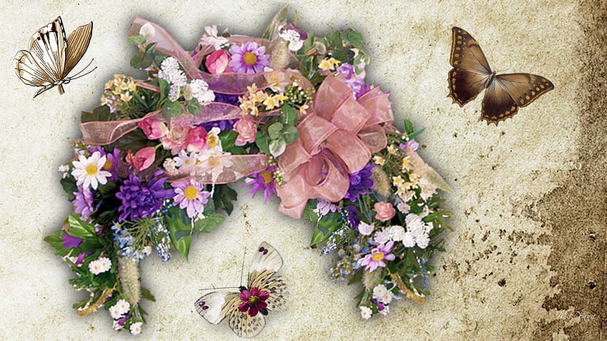 花と蝶、色、Firefox ペルソナ、リボン、紙、羊皮紙、夏、蝶、花、ヴィンテージ 高画質の壁紙