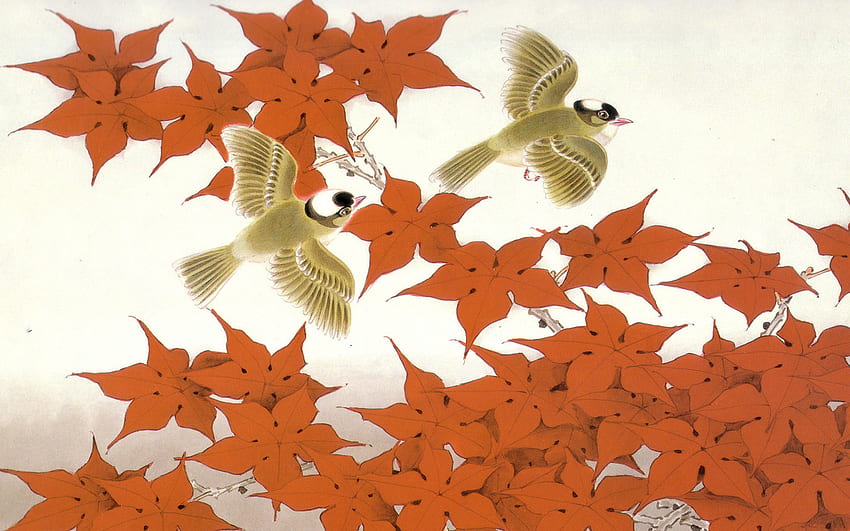秋の飛行、鳥、葉、抽象、その他、秋、オレンジ 高画質の壁紙