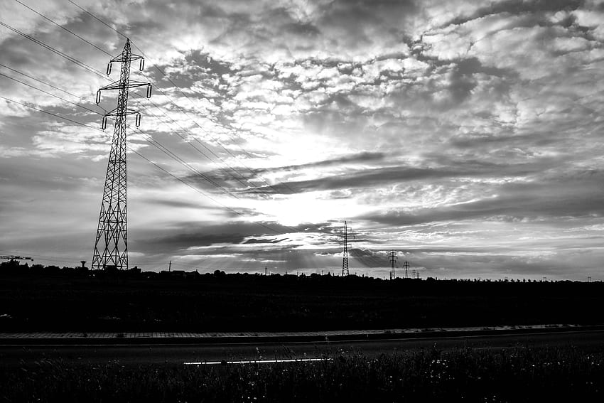 black and white, clouds, dark, electricity, energy, environment, high, industry, landscape, line, outdoors, power, silhouette, sky, steel, sunset, technology, tower, wire HD wallpaper