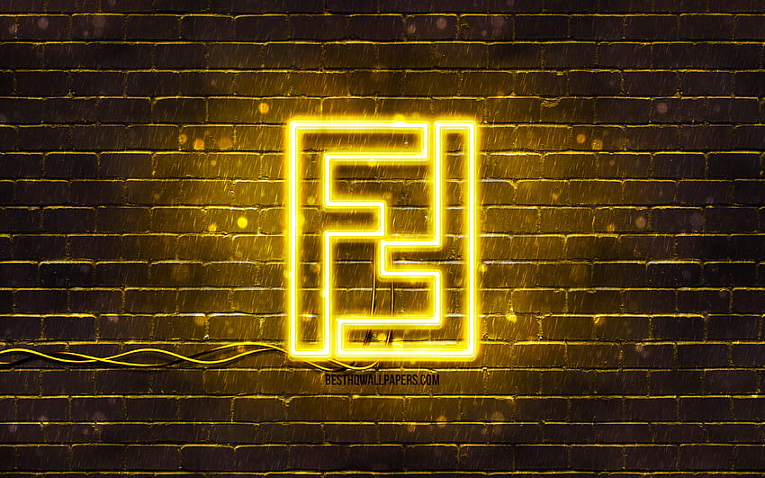 Logo jaune Fendi, mur de brique jaune, logo Fendi, marques, logo néon Fendi, Fendi Fond d'écran HD