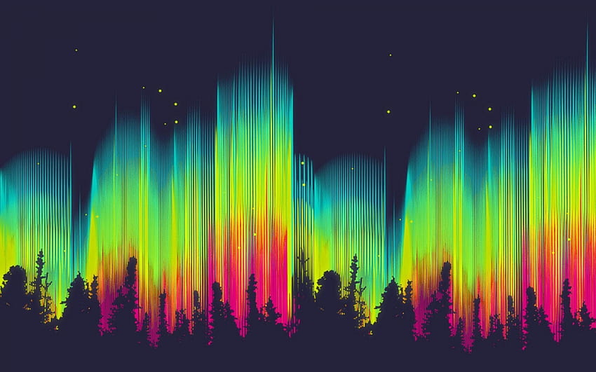 モバイル、タブレット用の抽象的な明るい色のオーロラの森の星のグラフィック []。 ブライトアブストラクトをご覧ください。 明るい色、明るいカラフルな背景、明るい 高画質の壁紙