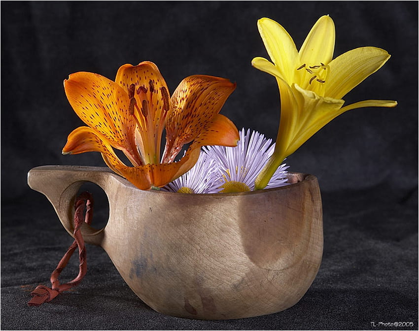Tasse mit Blumen, Stillleben, Natur, Blumen, Tasse HD-Hintergrundbild