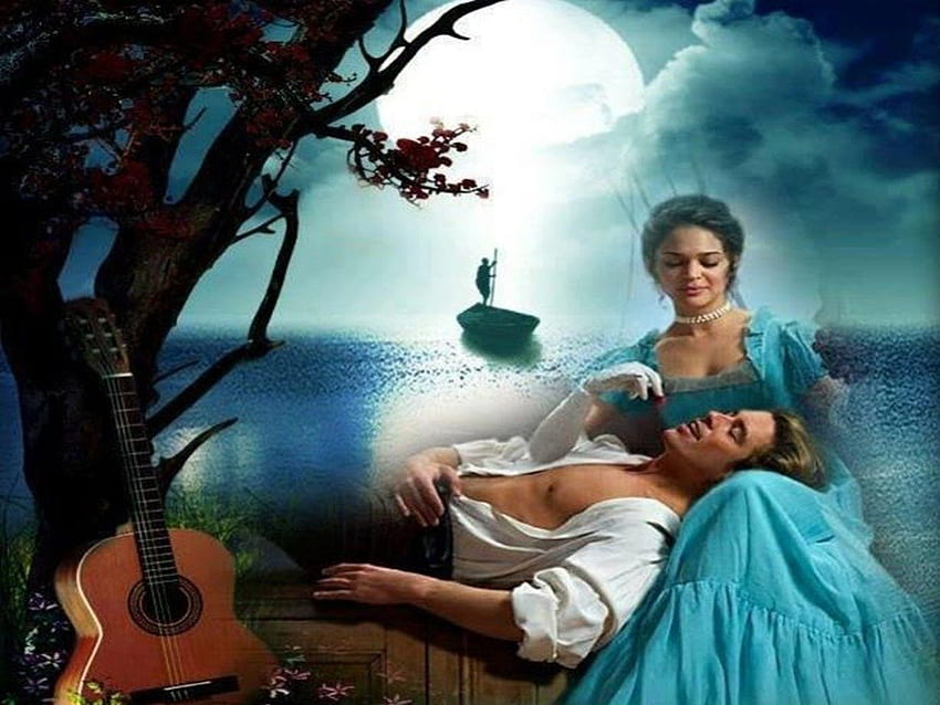 Nuit romantique, nuit, bateau, mer, rire, sourire, homme, guitare, parler, romance, femme, repos, lune, fleur d'arbre, nuage Fond d'écran HD