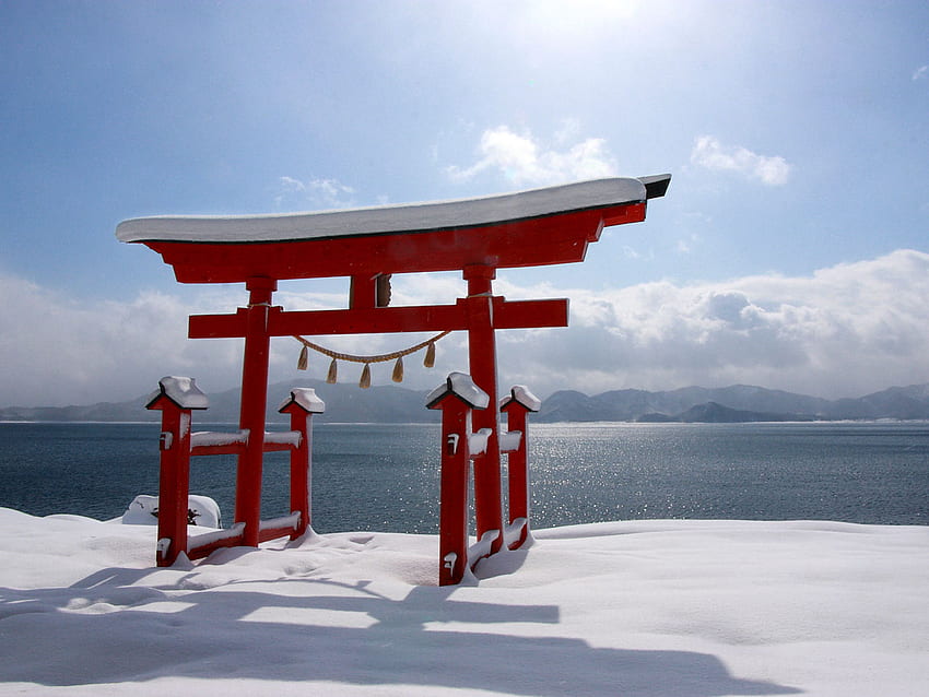 Japanese Winter Scene, azul, asiático, Japão, lago, estrutura, neve, nuvens, céu, símbolo papel de parede HD