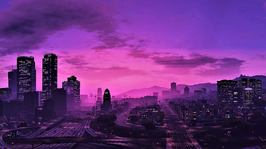 GTA 5, kota di malam hari, gaya ungu, gedung pencakar langit U, 2560X1440 GTA 5 Wallpaper HD