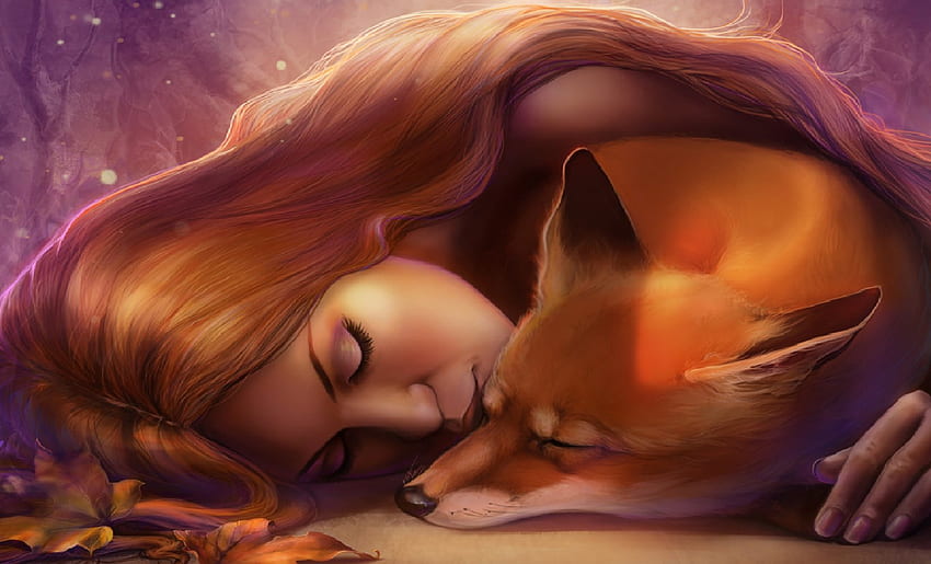 Sleeping With A Fox, sleeping, fox, Fantasy, woman HD wallpaper