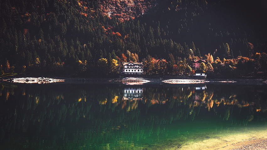 Nature, Lake, Reflection, Small House, Lodge, Elevation HD wallpaper