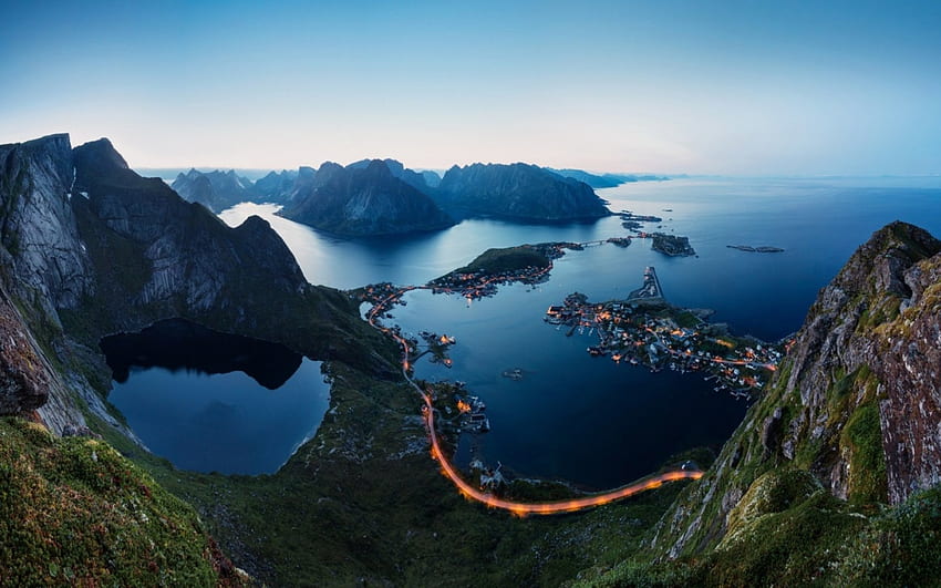 pemandangan menakjubkan kepulauan lofoten norwegia, laut, kepulauan, lampu, senja, pegunungan Wallpaper HD