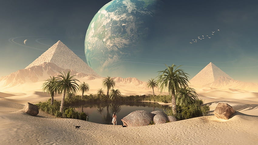 Un oasis en el desierto a las pirámides de Egipto fondo de pantalla