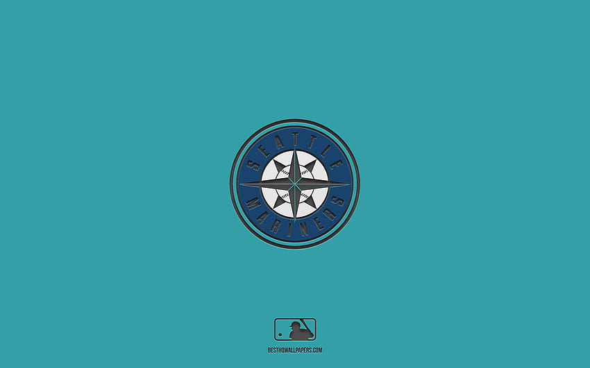 Seattle Mariners, türkisfarbener Hintergrund, amerikanisches Baseballteam, Seattle Mariners-Emblem, MLB, Seattle, USA, Baseball, Logo der Seattle Mariners HD-Hintergrundbild