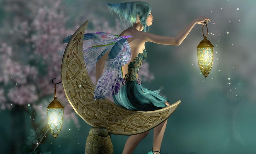 Moon Fairy, fairy, wingd, moon, light HD wallpaper