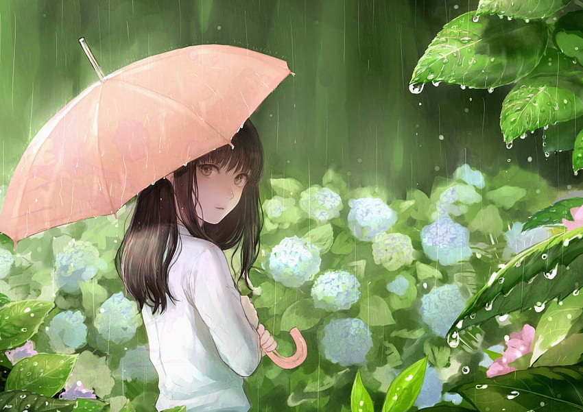 Regnerischer Tag, Regenschirm, Blumen, nett, Dame, cg, Blume, Mädchen, Wasser, weiblich, süß, Regen, Garten, Mädchen, regnerisch, Wer, Anime-Mädchen, Anime, hübsch, grün, schön, realistisch HD-Hintergrundbild