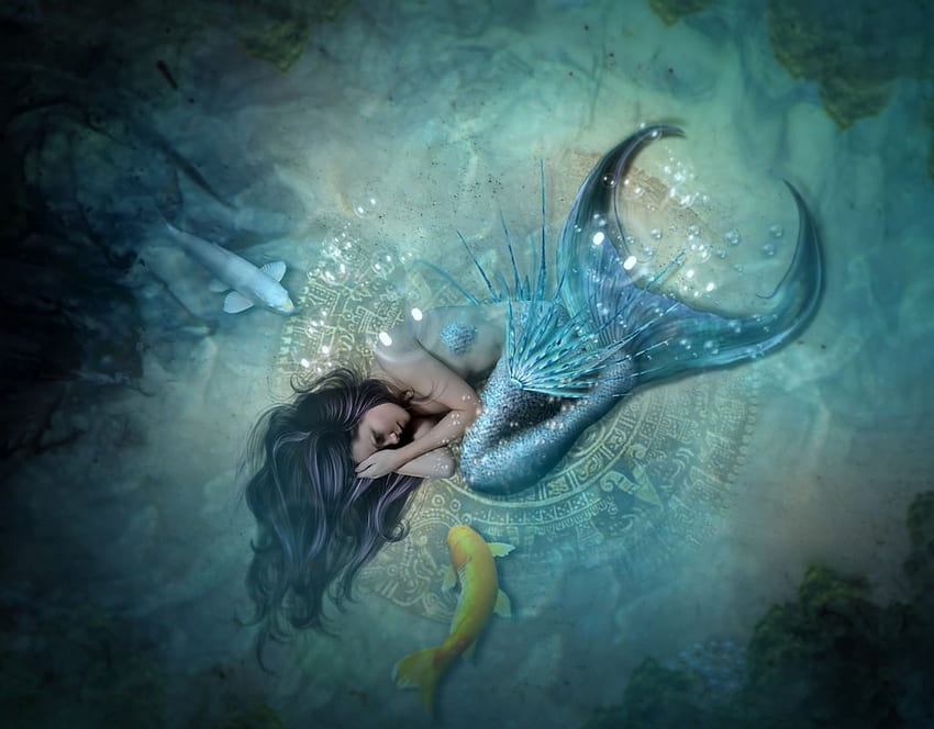 Mermaid, water, blue, view from the top, fantasy, up, girl HD wallpaper