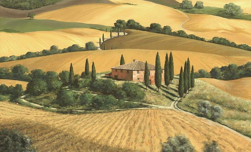 Tuscan Gold, fields, farm, italy, tuscany HD wallpaper