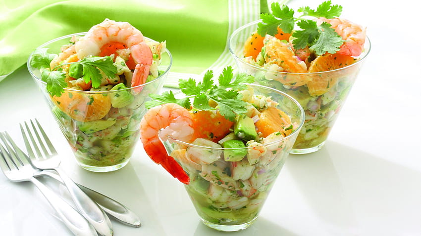 shrimp, mandarin, avocado, onions, greens, cooking, Recipe HD wallpaper
