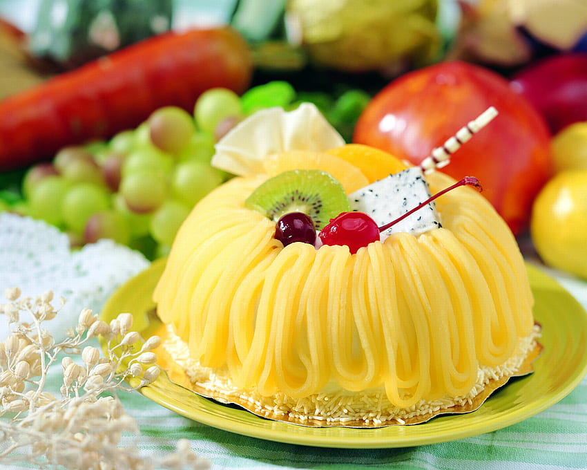 Fruit dessert, dessert, fruit, tasty, food, cake, macro HD wallpaper