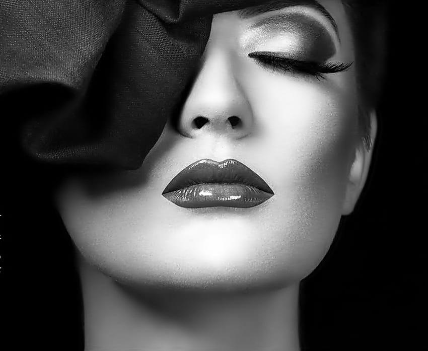 Woman, two-color, make-up, closed eyes, black and white, face, lips, beauty HD wallpaper