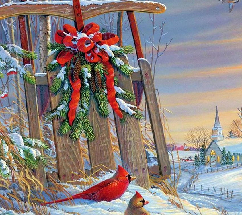Decorated Sleigh, winter, artwork, painting, snow, christmas, church, cardinals HD wallpaper