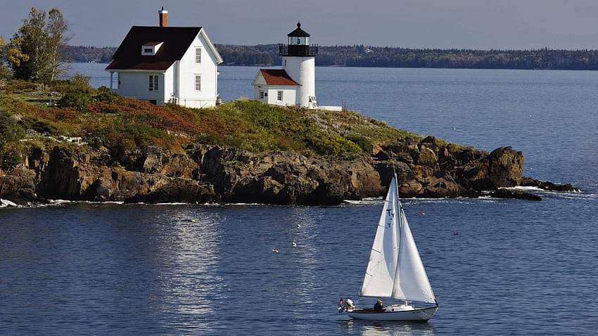 curtis island lighthouse near camden maine, lighthouse, sailboat, inlet, point HD wallpaper
